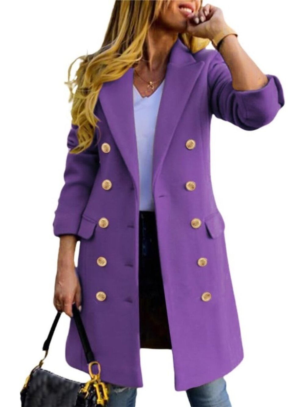 Womens Purple Wool Blend Double Breasted Gold Buttons Fall Midi Long Trench Coat